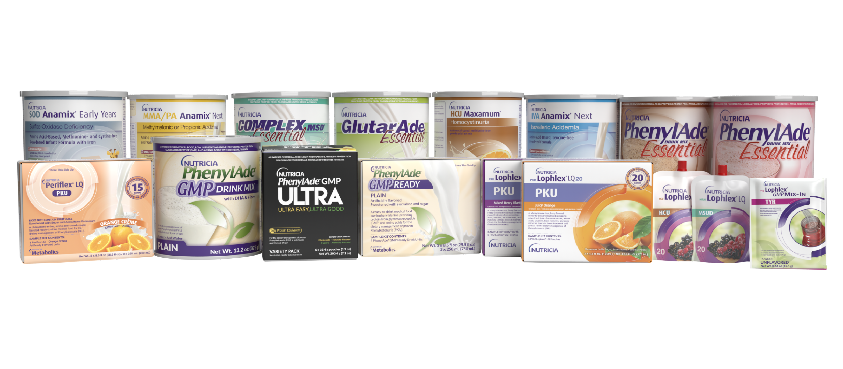 Image of all the products in the Nutricia Metabolics family.