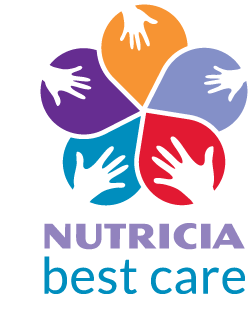 Graphic of multicolored petals of a flower with white hand prints of various sizes. Underneath, text says Nutricia best care